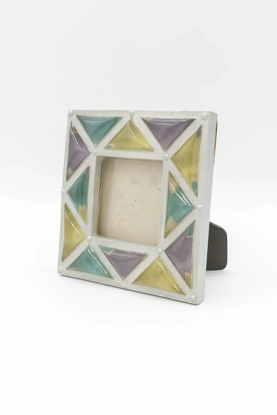 Vintage Faux Stained Glass Ceramic Picture Frame Geometric Mosaic Pastel